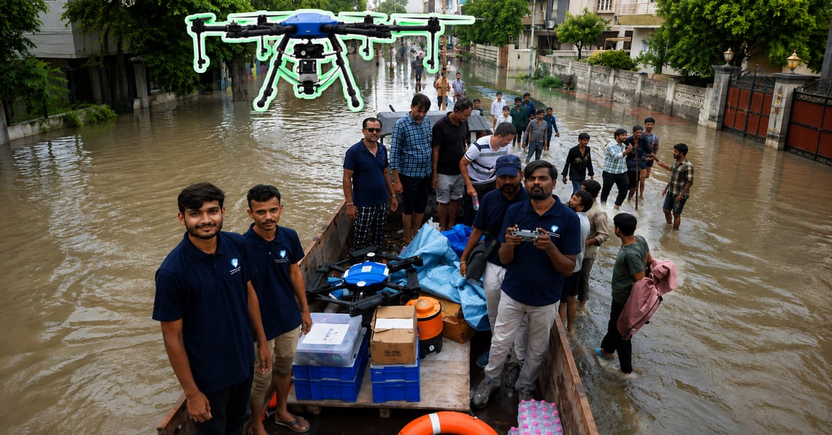 Drone flying over flooded village capturing aerial imagery for rescue teams below