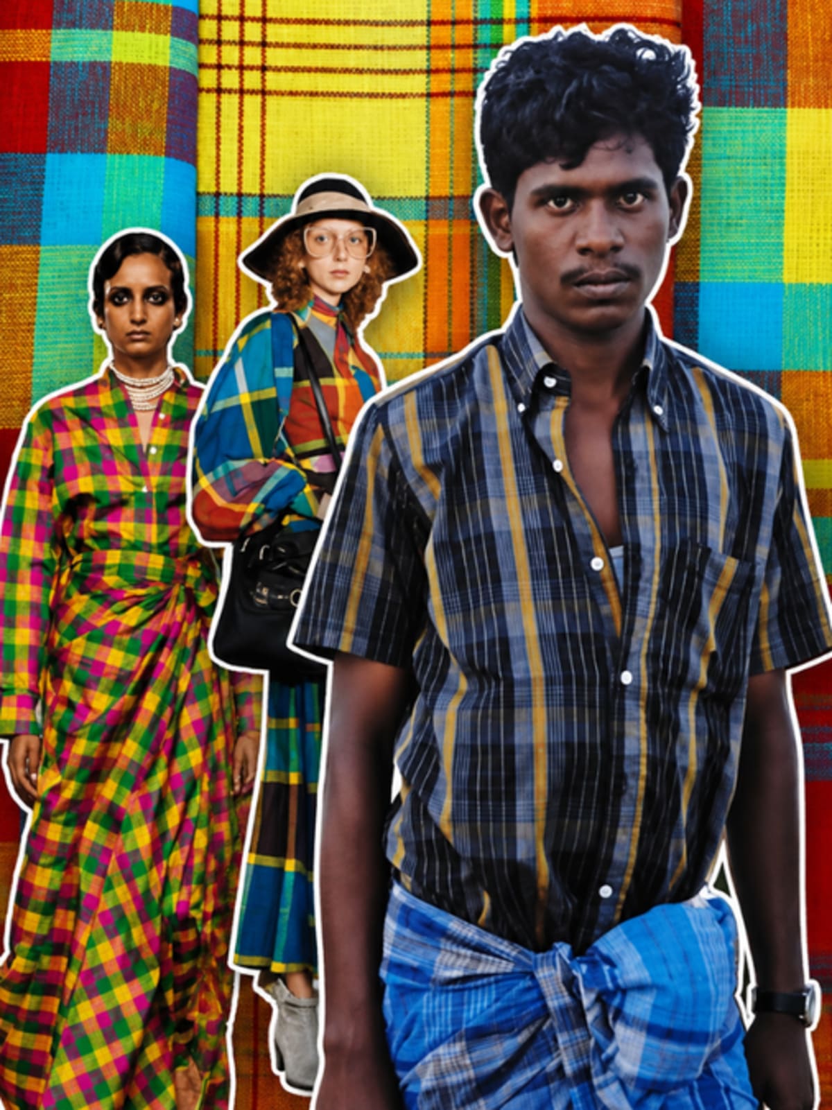 Colorful traditional Madras checked fabric in vibrant patterns showing distinctive bleeding dye technique