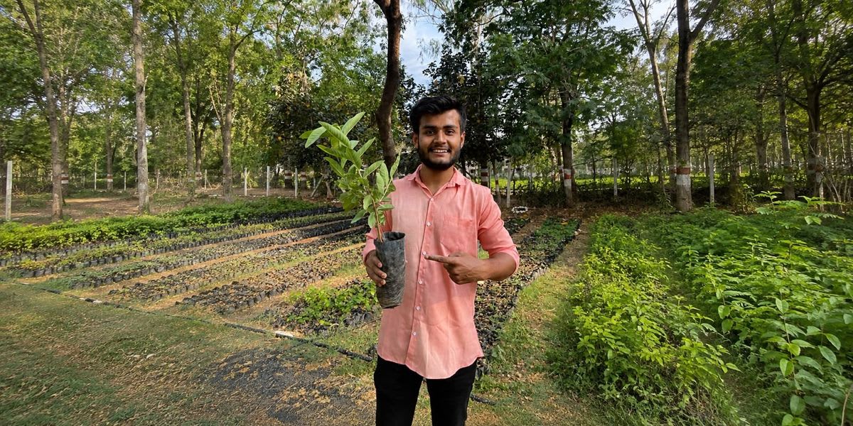 ** Young Indian man Adesh Soni planting a tree sapling in dry soil under bright sun