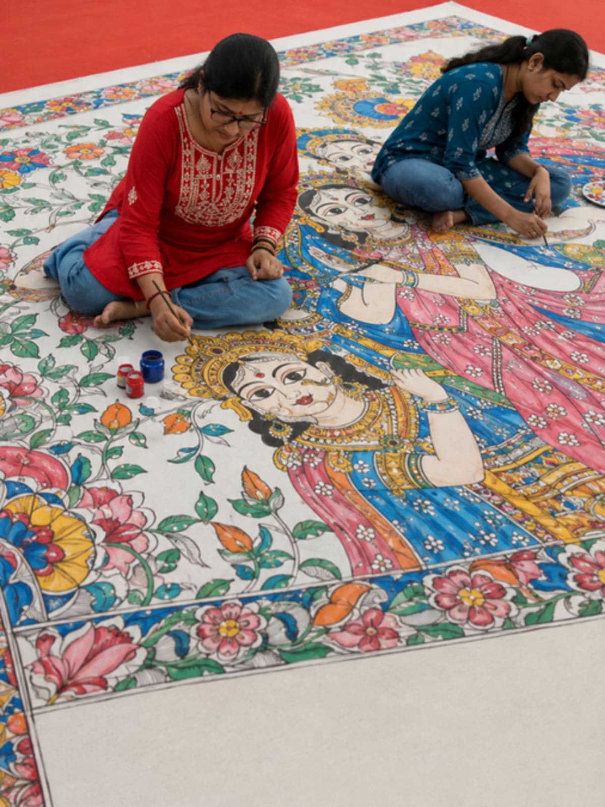 Long colorful Mithila painting canvas showing detailed Ramayana scenes created by multiple artists in Bihar