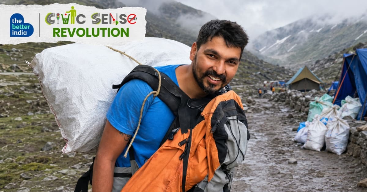 Activist Pradeep Sangwan stands with collected waste bags in the Himalayan mountains near Kedarnath
