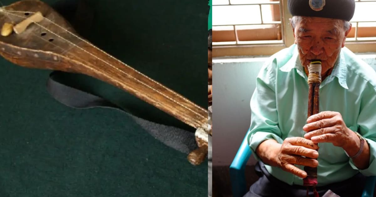 Traditional Lepcha bamboo flute and three-stringed wooden instrument from Sikkim forests India