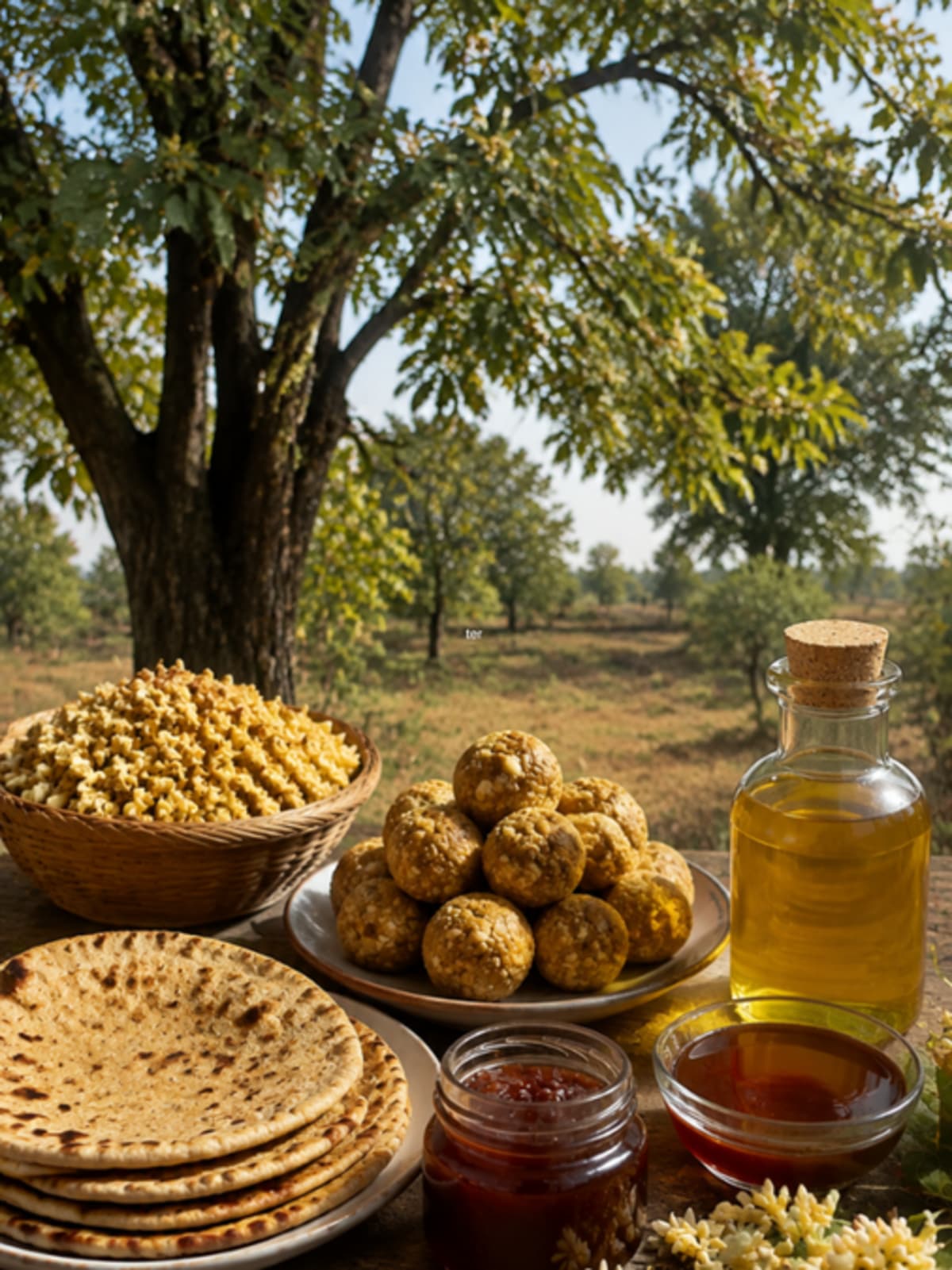 Dried golden Mahua flowers spread out, used for making traditional Indian foods and sweets