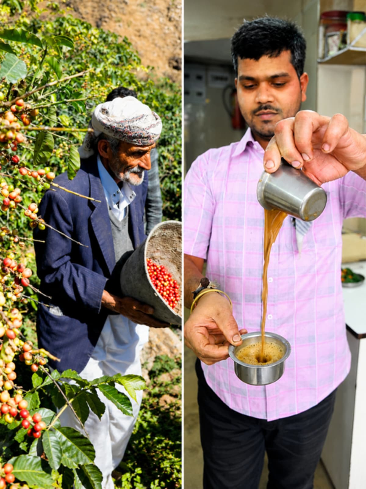 Steel filter coffee maker with frothy kaapi being poured between traditional tumbler and dabarah