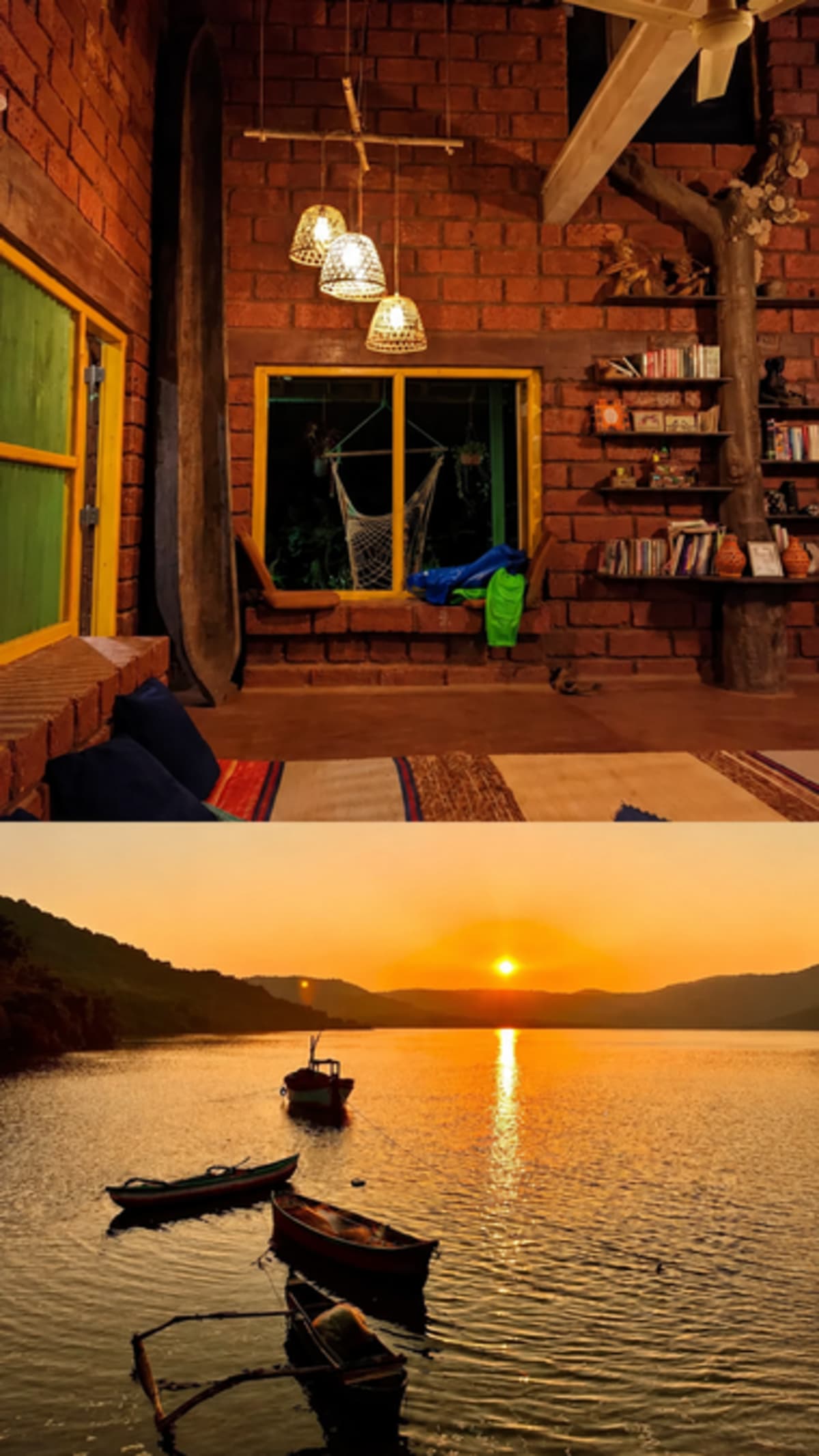 Lush green farmstay cottages surrounded by tropical gardens and trees along India's Konkan coast
