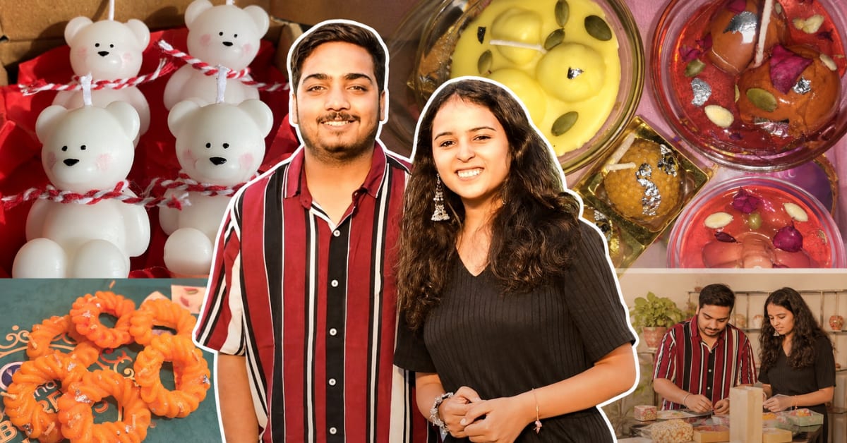 Two young Indian siblings working together making colorful handcrafted candles in home kitchen