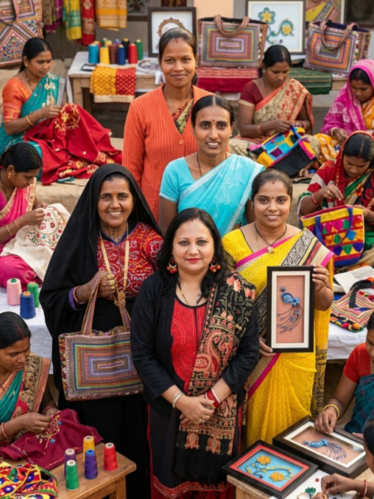 Indian women artisans working together on traditional crafts in community workshop setting
