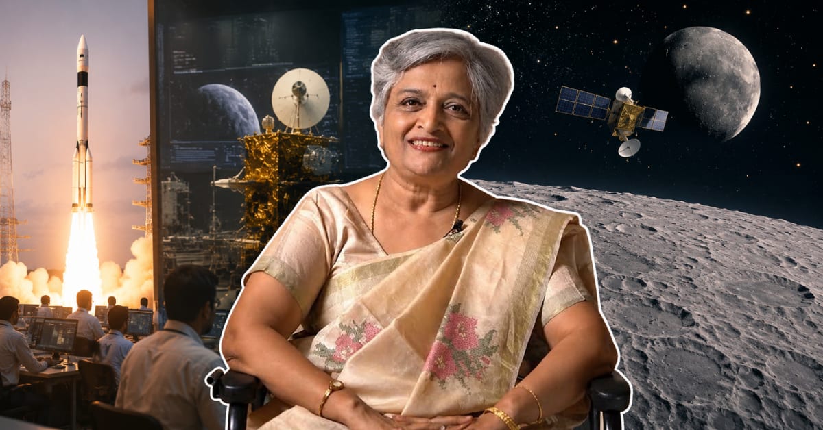 T K Anuradha at ISRO control facility monitoring satellite operations on multiple screens
