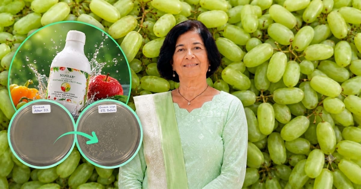 Pune scientist Dr. Asmita Prabhune holding bottle of Sophab organic produce wash in laboratory