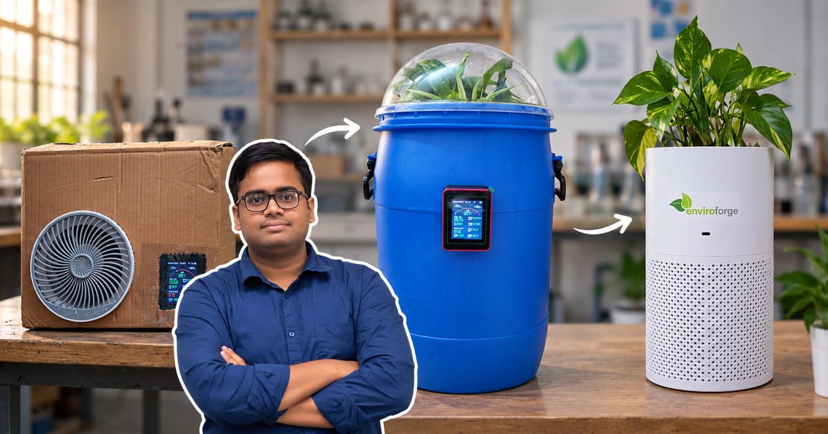 Rohan Kumar holding his affordable Enviroforge air purifier made from natural materials