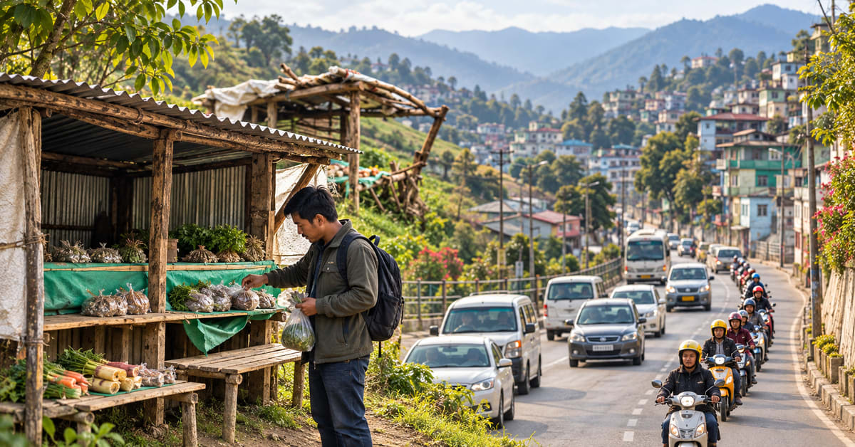 ** Cars waiting in orderly queue at unmarked intersection in Aizawl, Mizoram's silent city