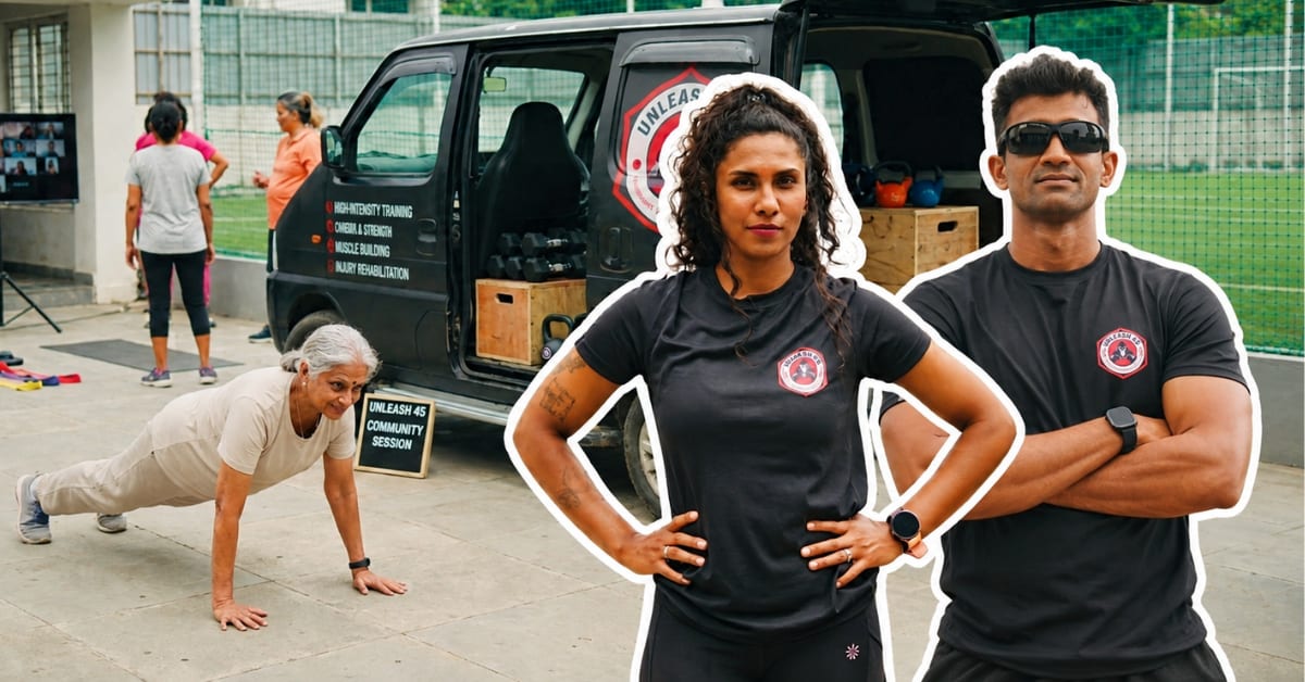 Young trainers unloading gym equipment from silver Maruti Eeco van at Bengaluru apartment complex