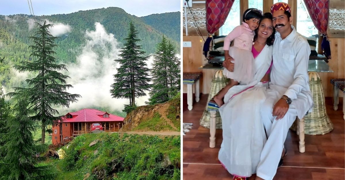Traditional wooden and stone homestay nestled in green Himalayan valley surrounded by mountains