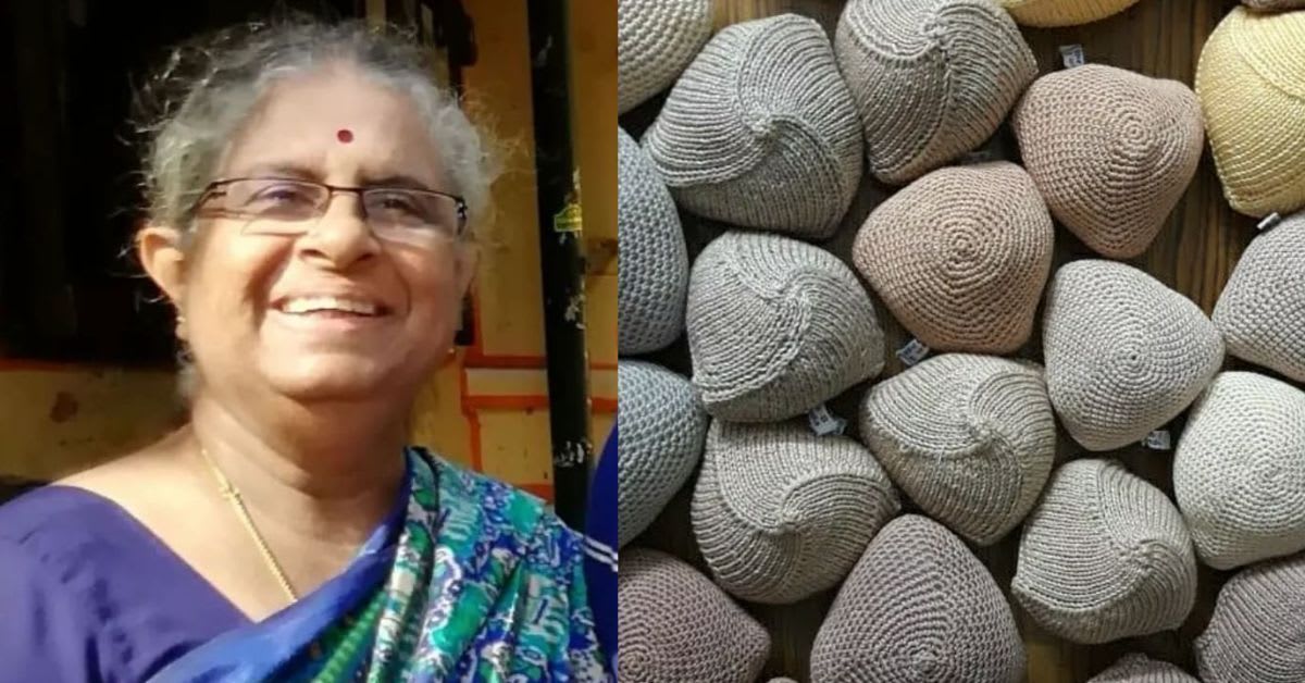 Volunteer hands crocheting soft cotton breast prosthesis for cancer survivors in Mumbai workshop