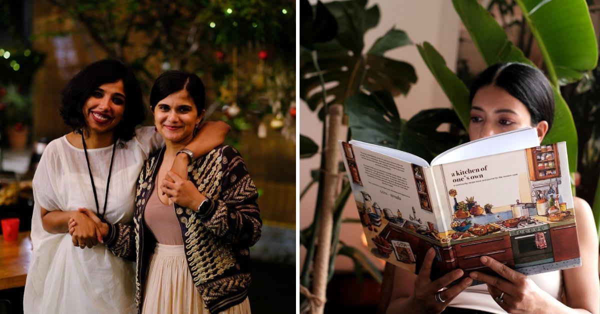 Two women holding their cookbook featuring traditional Indian family recipes passed through generations
