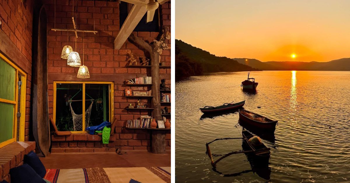 Cozy cottage with open doors overlooking lush green gardens at Ayra Farms in rural Maharashtra