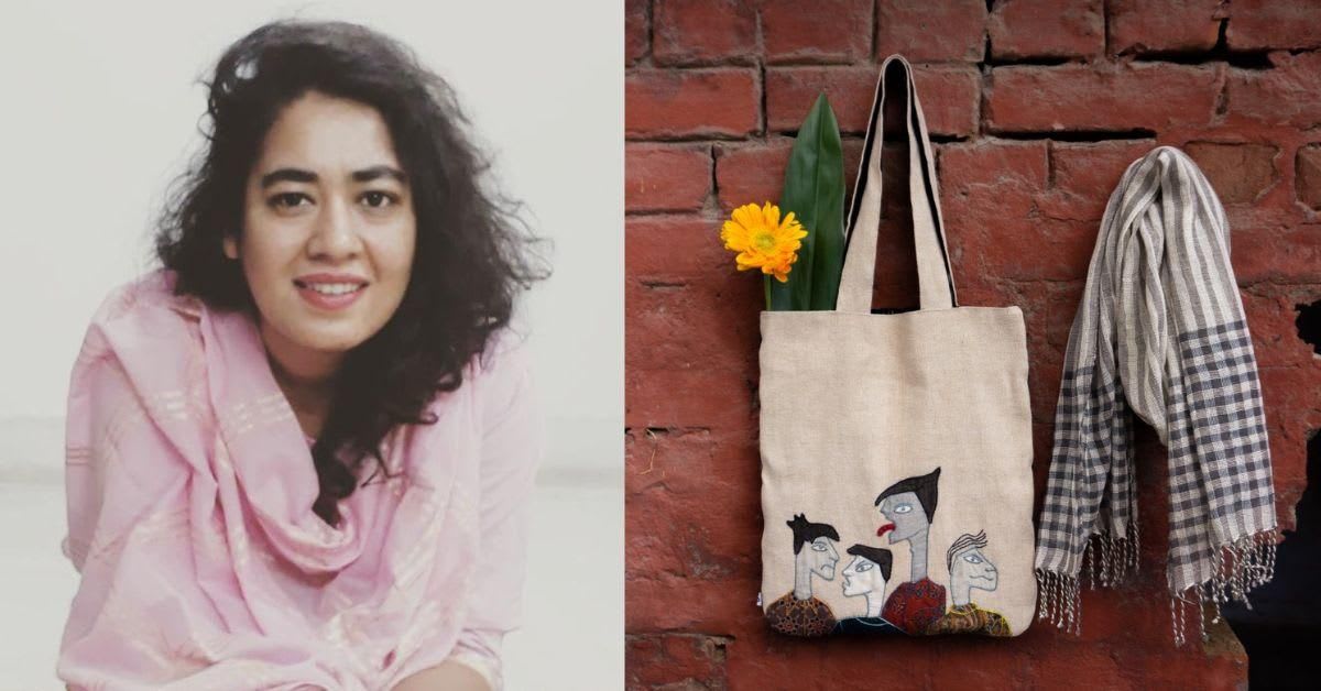 Indian woman wearing colorful traditional Bihar textile art transformed into contemporary fashion design
