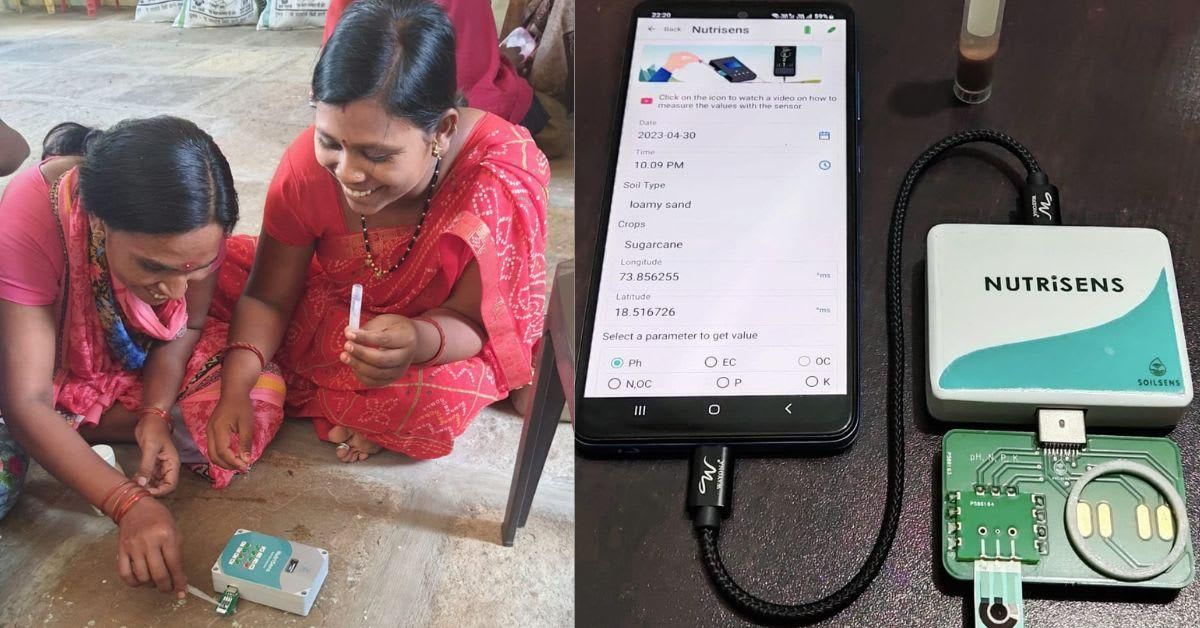 Dr. Rajul Patkar holds portable NutriSens soil testing device with sensor strips