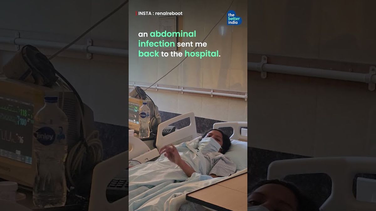 ** Woman recovering in hospital bed with supportive family members standing beside her