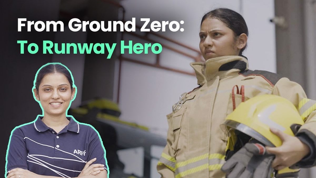 Female firefighter Shraddha Gaikwad in protective gear at Navi Mumbai International Airport runway