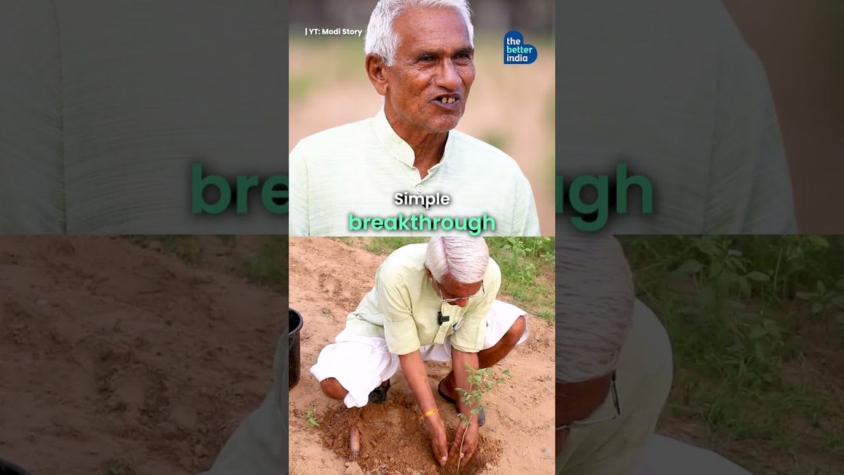 Sundaram Varma standing in his lush green forest in the Rajasthan desert landscape
