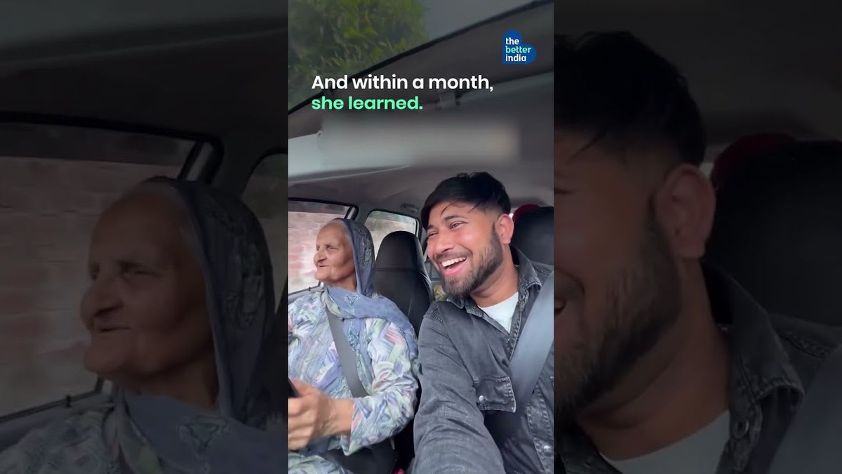 Vidya Kaur, 72-year-old retired teacher, sitting confidently in driver's seat of her car in Jammu