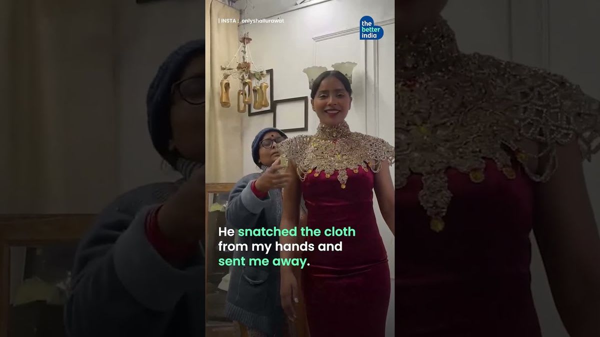 ** Indian woman sewing handcrafted clothing at workspace, successful self-taught fashion designer