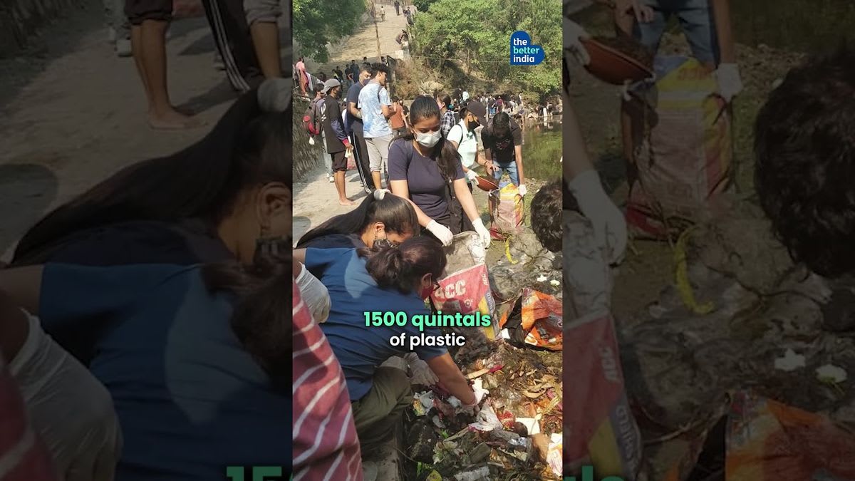 Villagers working together along the Tamsa River banks planting trees and clearing waste in Azamgarh