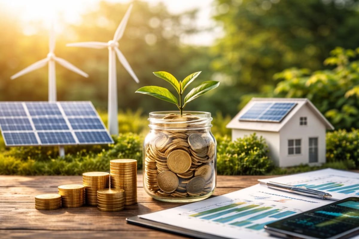 Rooftop solar panels installed on residential buildings in India under bright sunlight