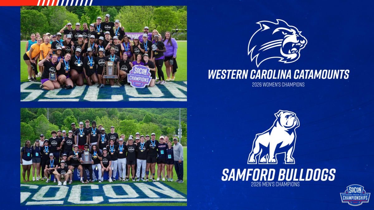College track and field athletes celebrating championship victory with medals and team trophy