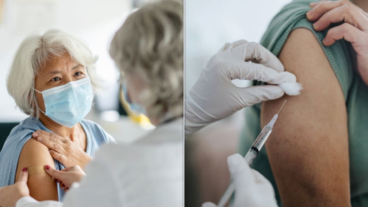 Older adult receiving flu vaccine injection from healthcare provider in medical office