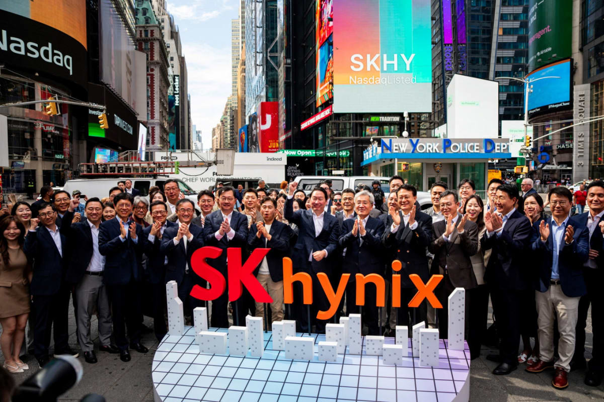 SK Hynix employees celebrating at Nasdaq opening bell ceremony in New York City