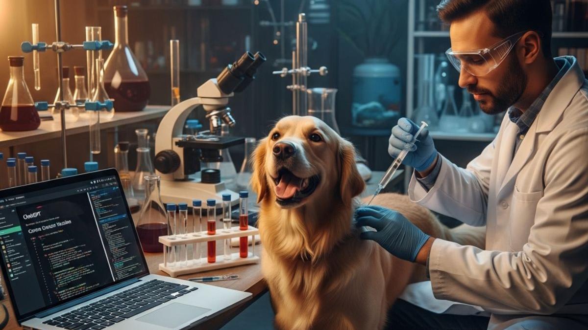 Golden retriever receiving medical care from veterinarian, representing AI-assisted cancer treatment breakthrough