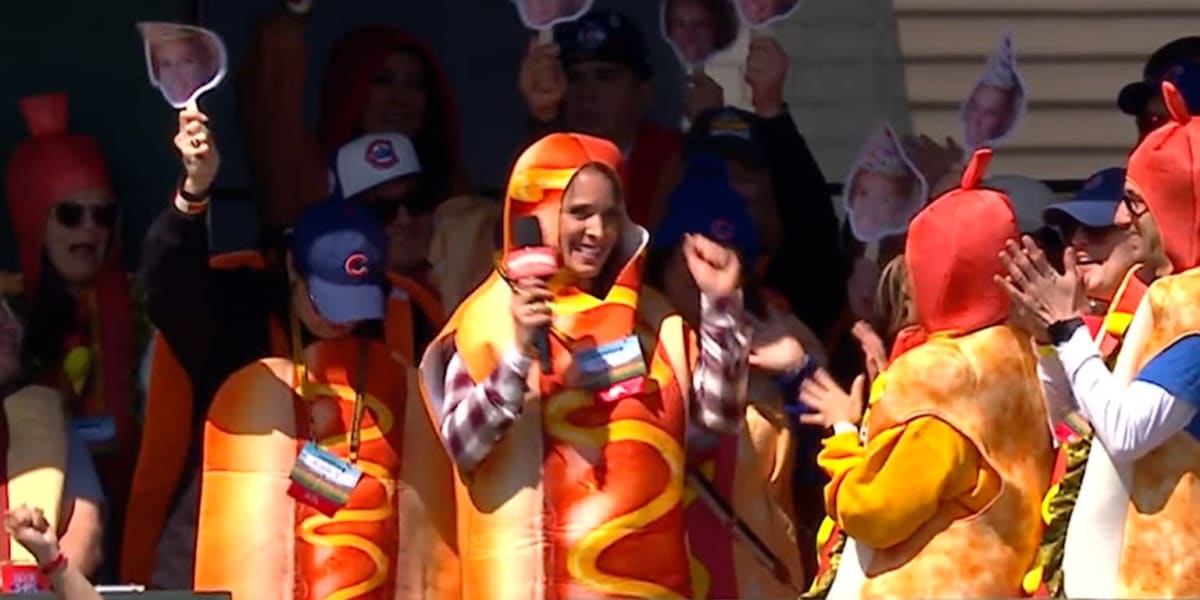** Nearly 100 people in hot dog costumes filling bleacher seats at Wrigley Field baseball stadium