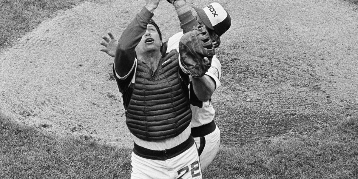 1983 Chicago White Sox team members celebrating together on baseball field in vintage uniforms