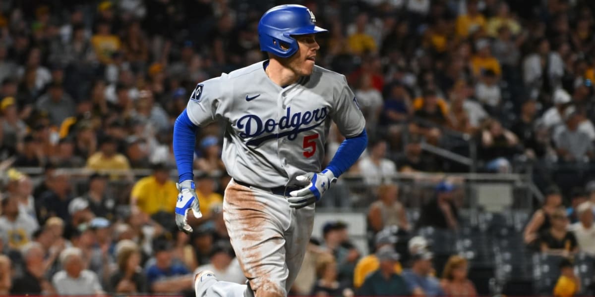 Freddie Freeman in Dodgers uniform celebrating after hitting his 2,500th career hit at PNC Park