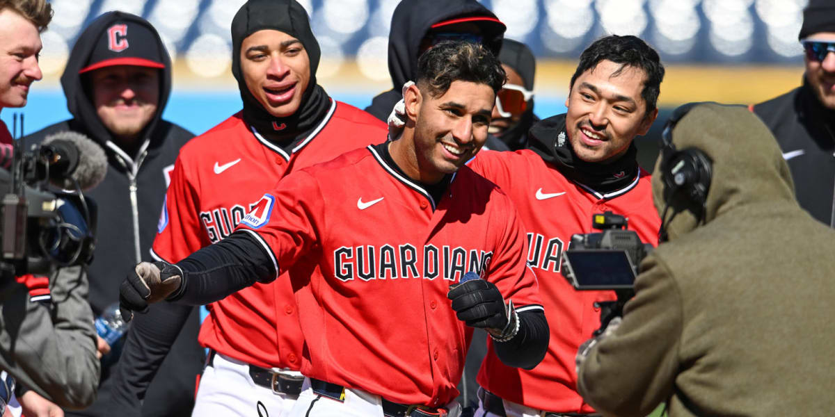 Juan Brito in Cleveland Guardians uniform celebrating during his Major League Baseball debut
