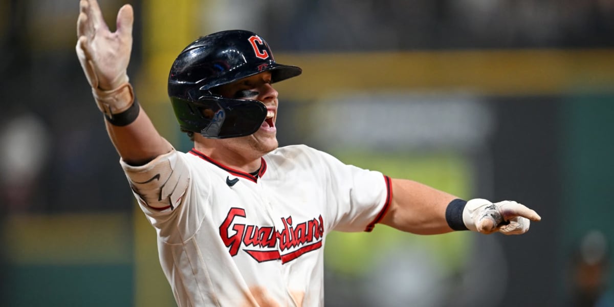 Travis Bazzana celebrates after hitting walk-off home run for Cleveland Guardians at Progressive Field