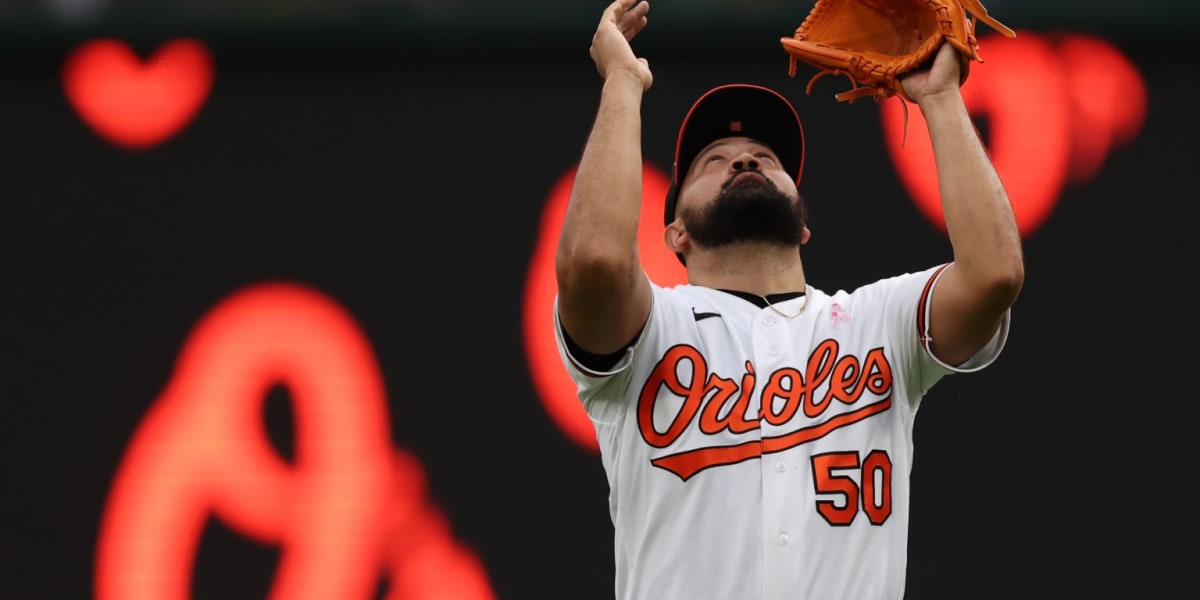 ** Baltimore Orioles pitcher Rico Garcia celebrating on the mound during his historic 2026 season