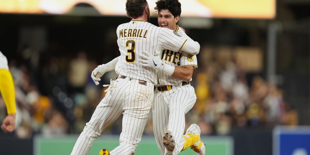 Young baseball player Ethan Salas celebrates with teammates after game-winning hit at Petco Park