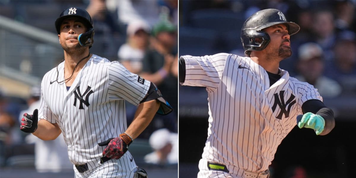 Baseball players Jasson Domínguez and Giancarlo Stanton taking batting practice at Yankee Stadium