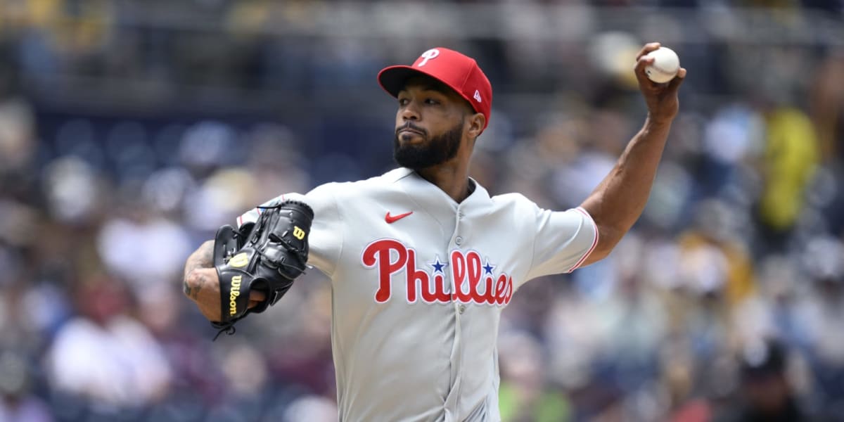Phillies pitcher Cristopher Sánchez celebrating on the mound after breaking century-old scoreless innings record
