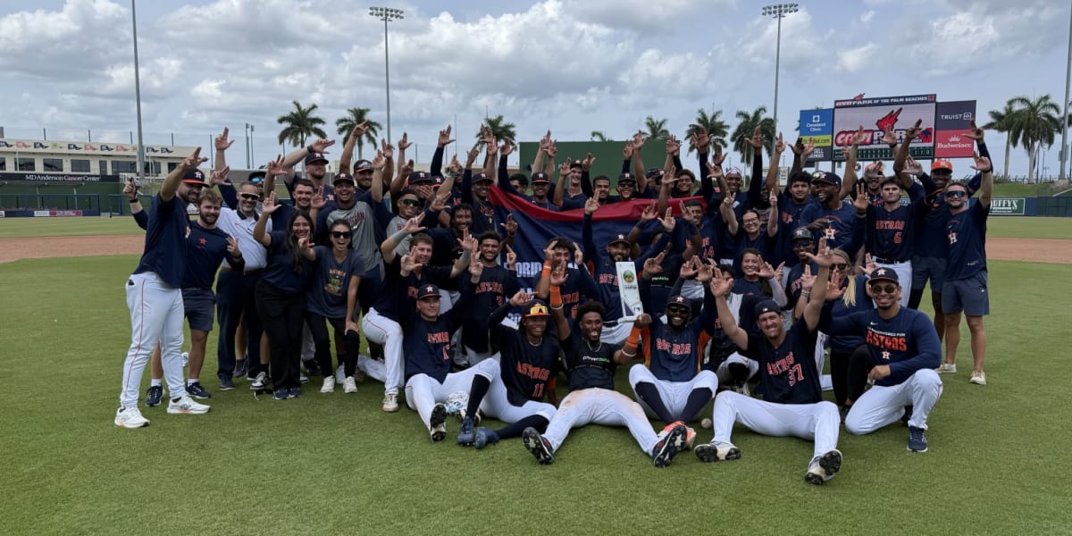 Young Houston Astros rookie baseball players celebrate championship victory on field together