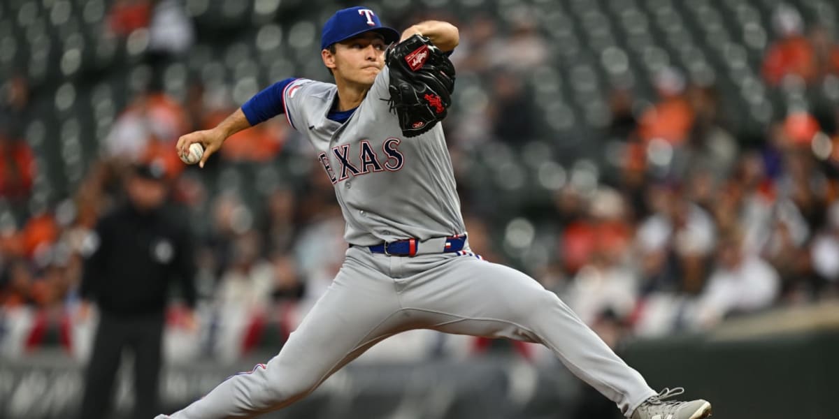 Jack Leiter pitching for Texas Rangers wearing number 22 at Camden Yards