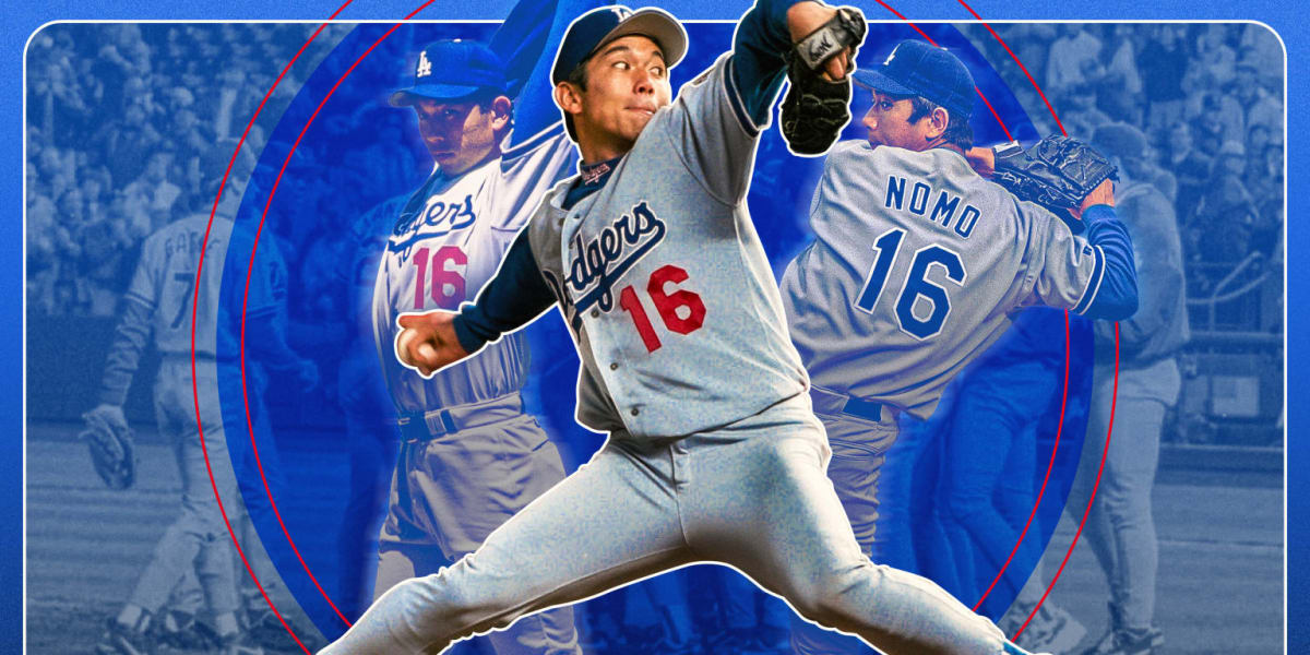 ** Hideo Nomo pitching with his signature tornado windup motion for Los Angeles Dodgers