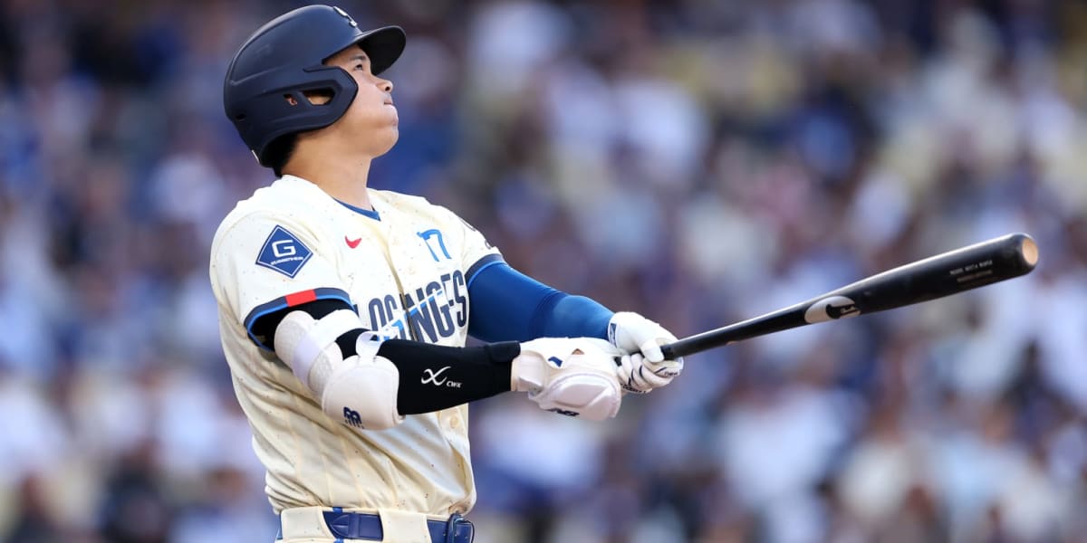 Shohei Ohtani celebrates after hitting leadoff home run at Dodger Stadium in Los Angeles