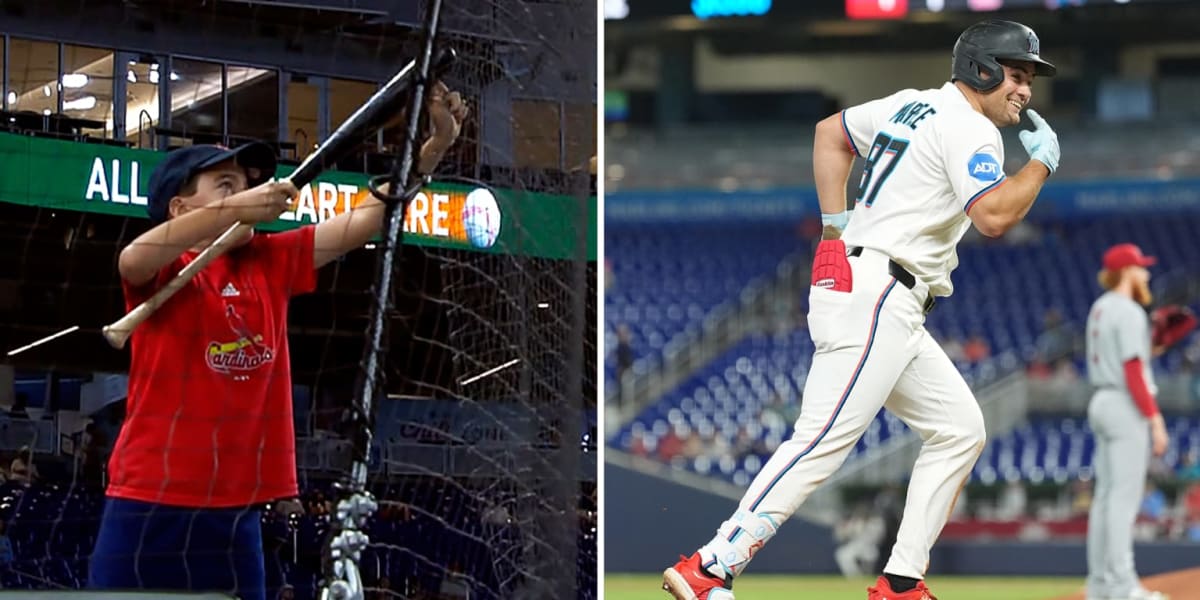 Jakob Marsee of the Miami Marlins swinging bat during game against St. Louis Cardinals