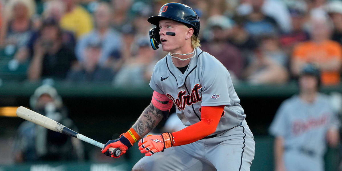 Max Clark in Detroit Tigers uniform celebrating his first Major League hit at the plate