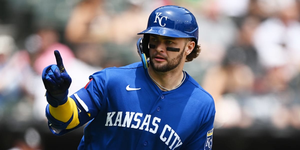 ** Kansas City Royals rookie catcher Carter Jensen celebrating after getting a hit during his record-breaking hitting streak