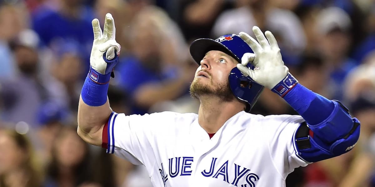 Josh Donaldson in Blue Jays uniform celebrating home run at recreational softball game